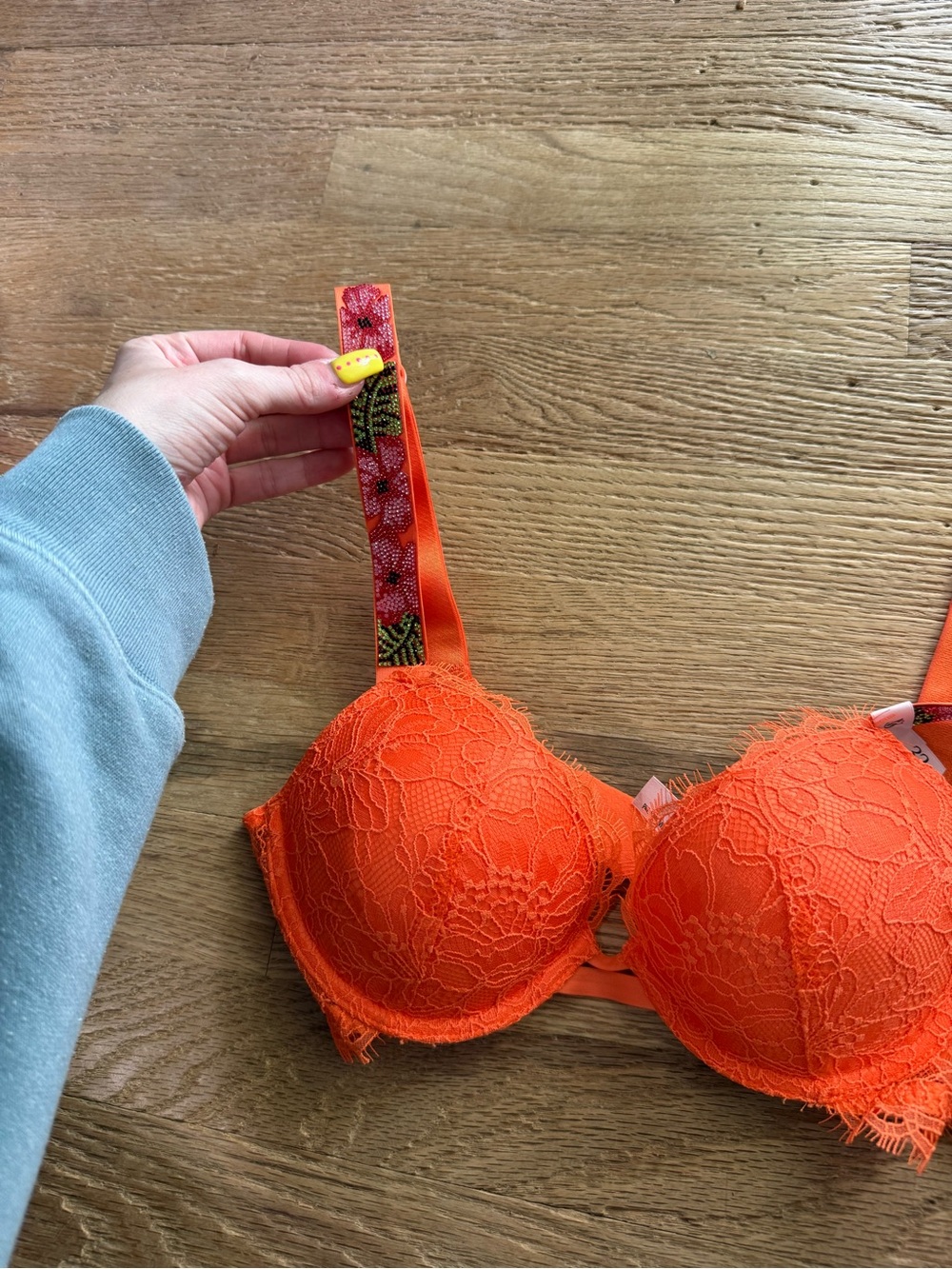 Victoria's Secret Bright Orange Lace Push-Up Bra with Floral Strap Accent